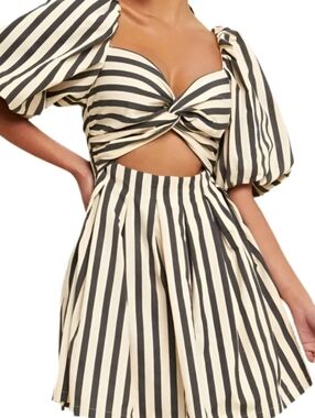 Women's LUXXEL Beige & Black Striped Puff Sleeve Mini Dress L